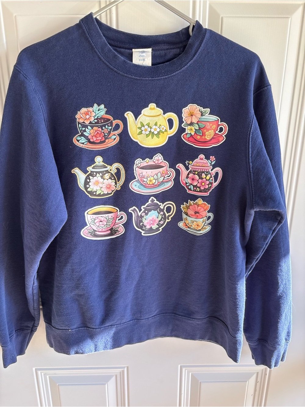 Port Authority Navy Floral Teapot & Teacup Crewneck Sweater